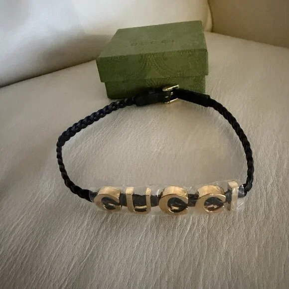 NEW GUCCI LEATHER Choker Logo Gold 100% Authentic Necklace